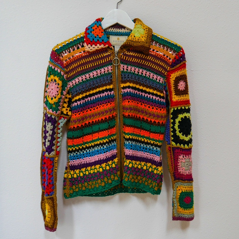 Express Tricot 90’s crocheted top, zip up, Small